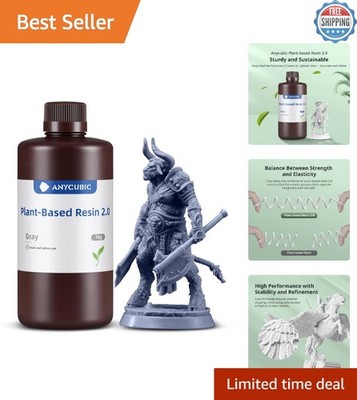 405nm Plant-Based 3D Printer Resin 2.0 - Low Odor, 1kg Grey for Precision Prints