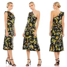 MAC DUGGAL | FLORAL PRINT DRAPED ONE SHOULDER MIDI DRESS 55630