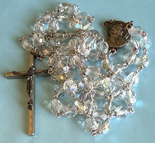 Vintage Italian Aurora Borealis Crystal Bead Rosary 28”Italy