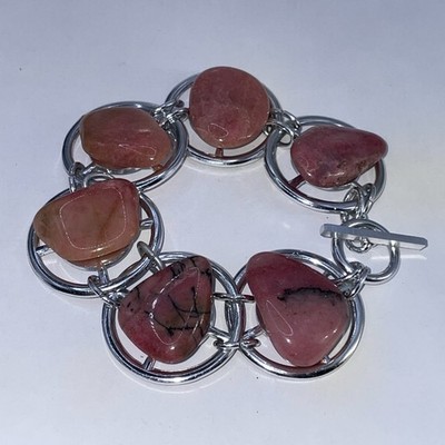 Edelstein Armband,Rhodonit ,L-22xB-3cm, rosa/schwarz,43.7g,silberton