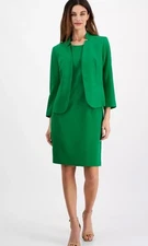 Le Suit Crepe Jacket & Sheath Dress Suit Set Size 10 In Pepper Green