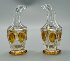 ⭕️ RARE BOHEMIAN AMBER CUT GLASS CRUET SET CZECH MID CENTURY OIL VINEGAR