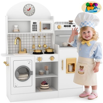 White+Gold Kids Pretend Play Kitchen Set Wooden Toy Sound,Lights,Washing Machine