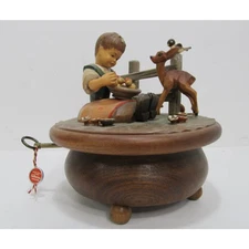 VINTAGE THORENS ANRI HI LILLI HILO GIRL WITH BIRDS DEER MUSIC BOX CARVED WOOD