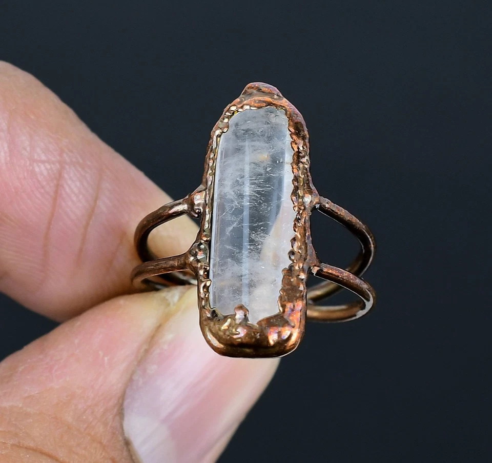 Anillo ajustable de cuarzo transparente hecho a mano 999 cobre electroformado joyería Foto 2 de 4