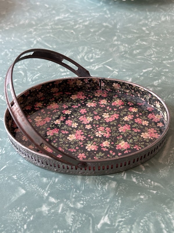 Vintage Round Floral Chintz Vanity Tray With Handle