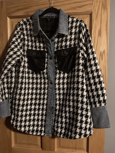 NWT Tribal Brand Fantasia Fancy Denim and Faux Leather Shacket Black White L - Picture 12 of 12