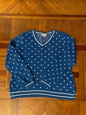 Liz Claiborne Womens Vintage Sweater Blue White Polka Dot XL 90  s Preppy V Neck