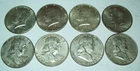 Lot of 8 1964 Kennedy & Franklin Half Dollars 90% Silver $4 Face Value