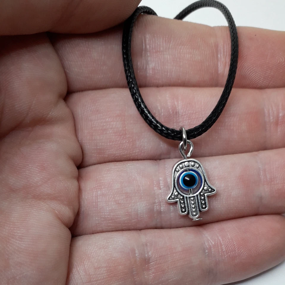 Collana Mano di Fatima Occhio Allah turco Argento corda tipo caucciu Uomo Donna - Immagine 2 di 4