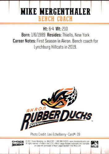 2021 Akron RubberDucks Choice #9 Mike Mergenthaler Bench Coach Thiells New York  - Picture 2 of 2