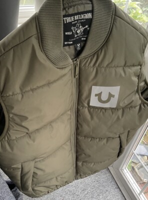 True Religion Khaki Gilet Green Reflective Logo Design Men's Size Small NEW  UK