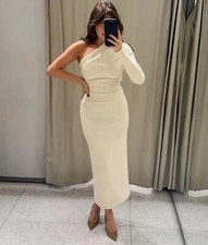 ZARA NWT WOMAN TEXTURED ASYMMETRIC MIDI DRESS BEIGE  8805/017 SIZE M