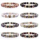 8mm Double Crown King Charm Bracelets Men Women Black Matte Onyx Stone Beads