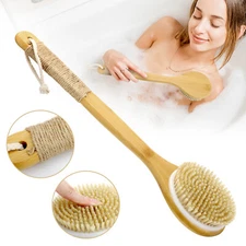 Bath Body Brush Soft Bristles Shower Back Scrubber Anti-slip Long Bamboo Handle