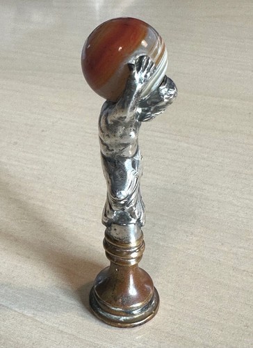 Antique silvered bronze wax seal depicting a "Greek man with agate ball" - Picture 16 of 16