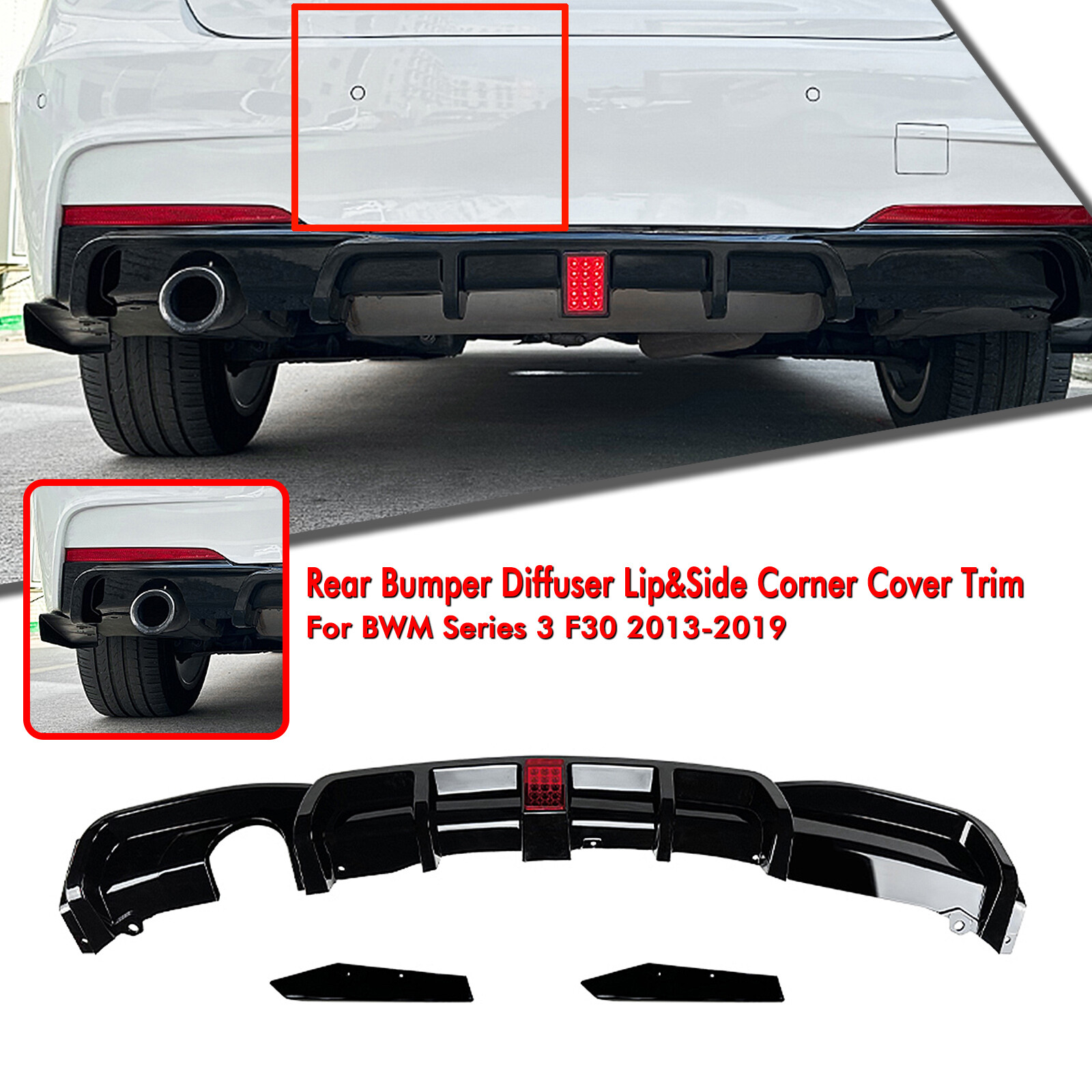 Car Rear Bumper Diffuser Lip+Side Trim For BMW F30 3-Series M-Sport 2013-2019 A