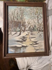 VINTAGE oil/Board Winter Stream and Woods Snowscape, "H. Morgan" 84
