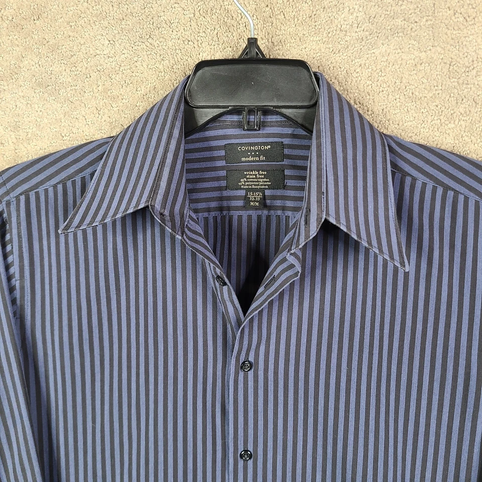 Covington Shirt Mens Medium Blue Black Striped Modern Fit Button Up Wrinkle Free - Image 2 of 4