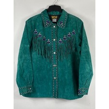 Vintage Bob Mackie Fringe Western Leather Jacket Green Size Large Women's A665