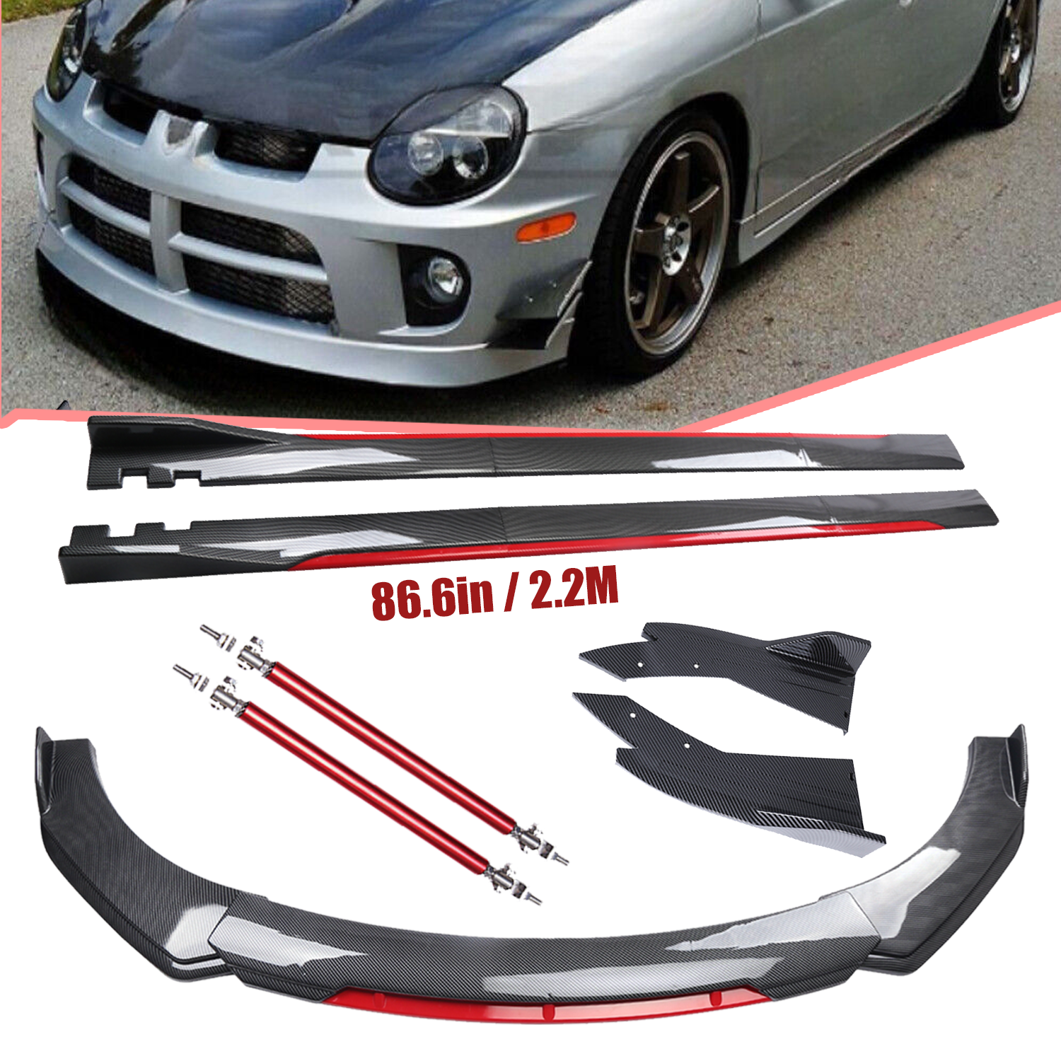 Front Bumper Lip Spoiler Body Kit Side Skirt Carbon Fiber For Dodge Neon