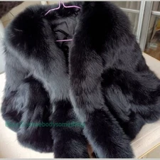 100% Real Fox Fur Coat Women's Fur Short Overcoat Jacket Black with Two Tail New