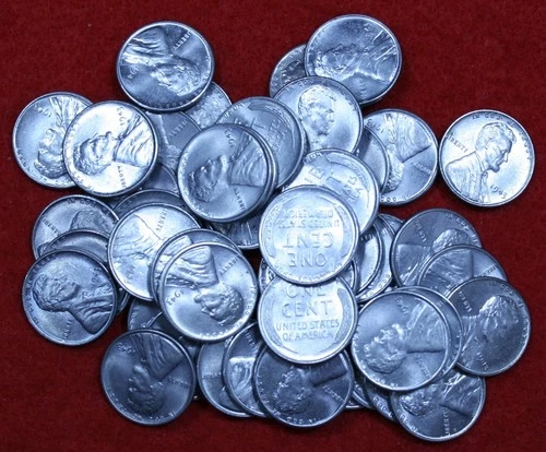 1943-P Lincoln Wheat Cent Penny 50 Coin roll AU/UNC Steel most High Grade R3