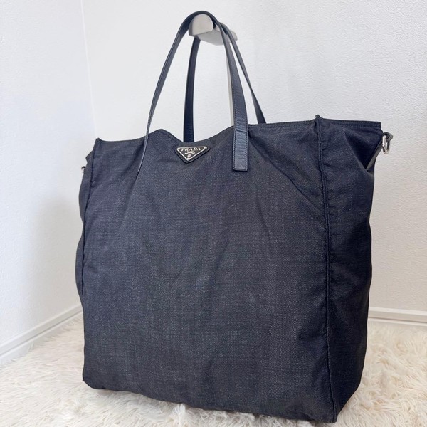 PRADA Denim Nylon Tote Bag Unisex Triangle Logo Navy Authentic