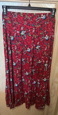 Emily Stacy Red Boho Blue Floral Stretch Midi Skirt Women s Size Large Flowy