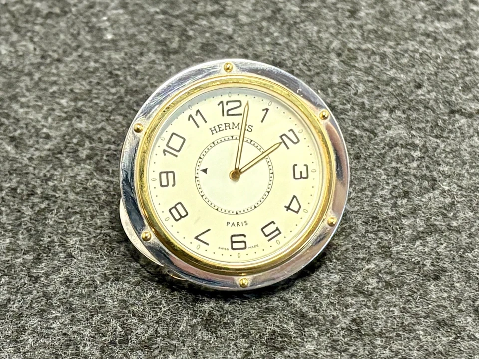 Hermes Stainless Steel and Gold Tone Pendulette Clipper Travel Desk Clock - Image 3 of 4