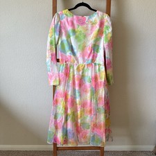 Vintage POSH 1970S Floral Chiffon Pastel Long Sleeved Midi Dress. Medium
