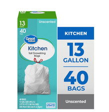 Great Value 13-Gallon Drawstring Tall Kitchen Trash Bags, Unscented, 40 Bags