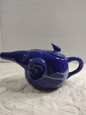 Blue Elephant Line Ceramic Contemporary Elephant Shaped Teapot Hand painted VTG