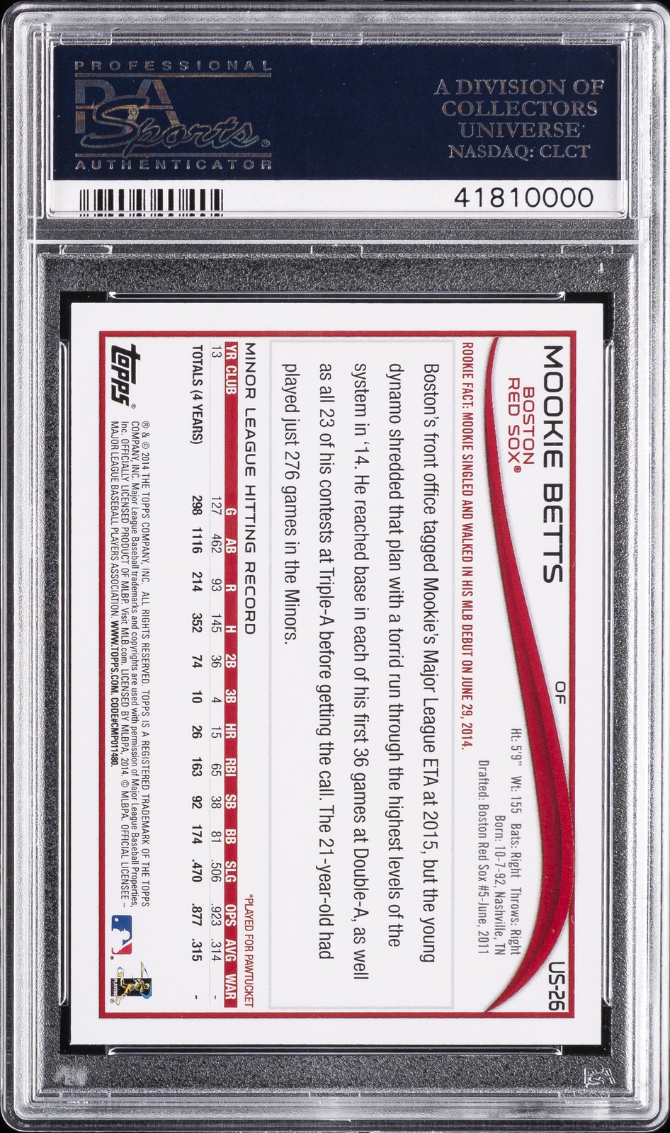 2014 TOPPS UPDATE BATTING #US26 MOOKIE BETTS ROOKIE RC PSA 10 view 2