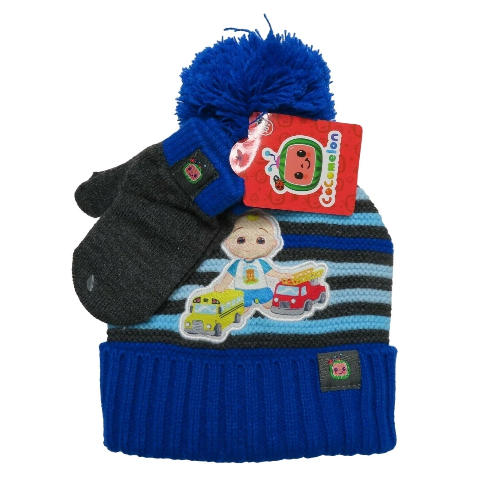 Cocomelon JJ Duckie Toddler Boy 2T-5T Pom Pom Knit Beanie Hat Mittens Winter NEW