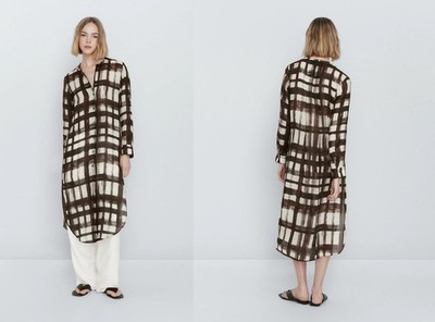 Massimo Dutti Button Down Midi Shirt Dress Lightweight Ramie Brown Plaid 8