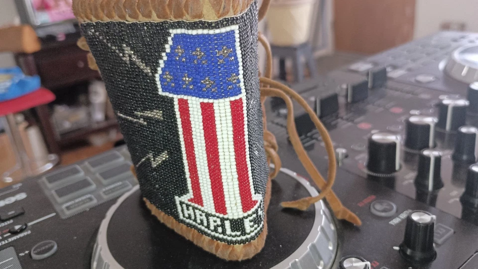 Handmade Beaded Leather Tie Cuff Bracelet "Harley" - Image 4 of 4