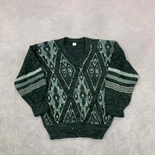 Vintage Knitted Jumper abstract patterned v-neck knit sweater Men's M