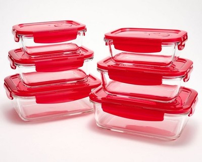 LocknLock 6-Pc Glass Rectangle Bakers,Vented Lids,Food Storage, RED, K97527
