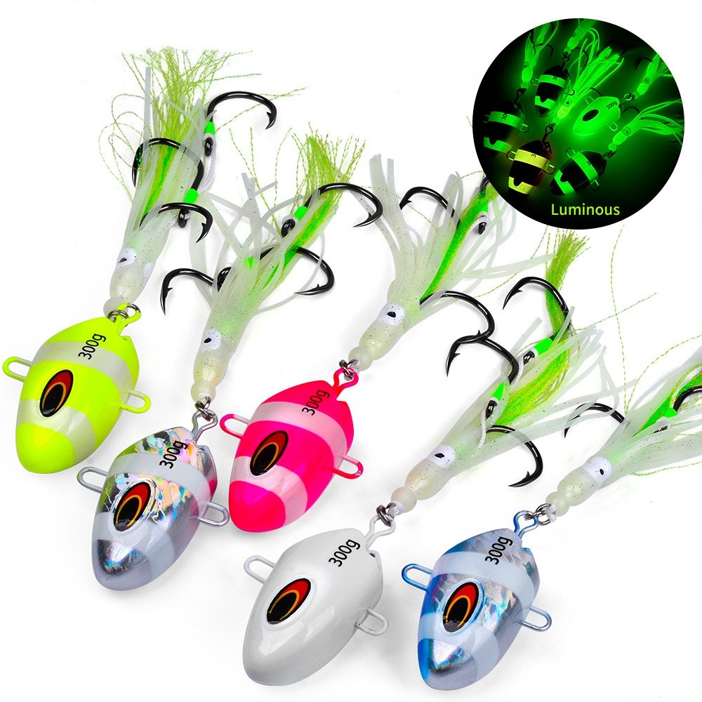 Glow Skirt Squid Lead Head Jigging Lure with Triple Assist Hooks-image