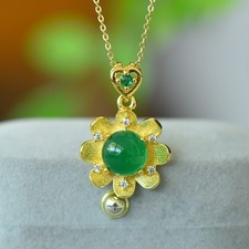 18K Gold-plated GREEN Jade SUN FIOWER Pendant  Necklace Gift