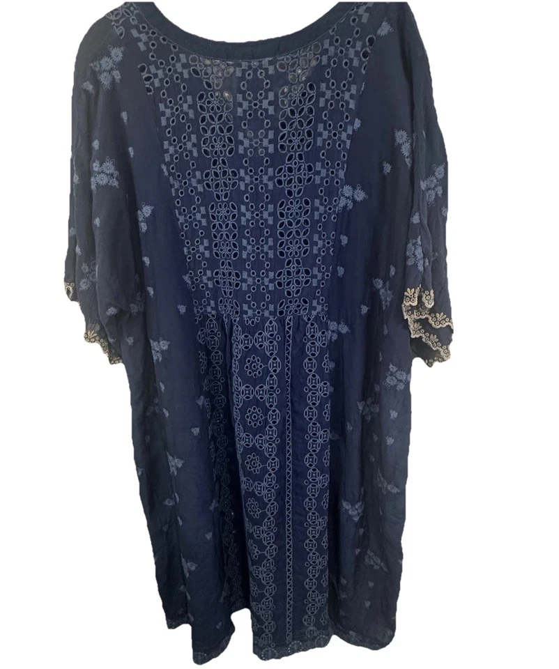Johnny Was Embroidered Floral Eyelet Top Tunic Dress Petite XL Blue Boho Beach - Image 2 of 4