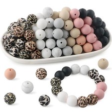 70Pcs Print Silicone Beads, 15mm Silicone Beads for Keychain Making Dark Leop...