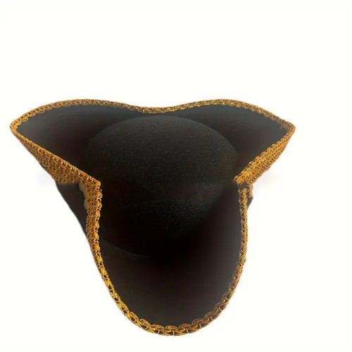 Golden Lace Trim Black Felt Pirate Triangle Hat With Snaps - Picture 2 of 9