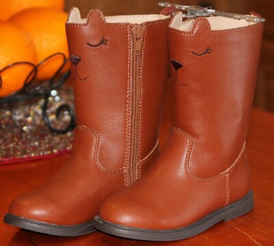 Girls Riding Boots Carters Brown Faux Leather Bear Face Embroidered 8 Carter's