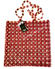 NWT Paris WOOD BEAD BAG/Satchel 13"x13" Hand Woven Cranberry & Tan Made India