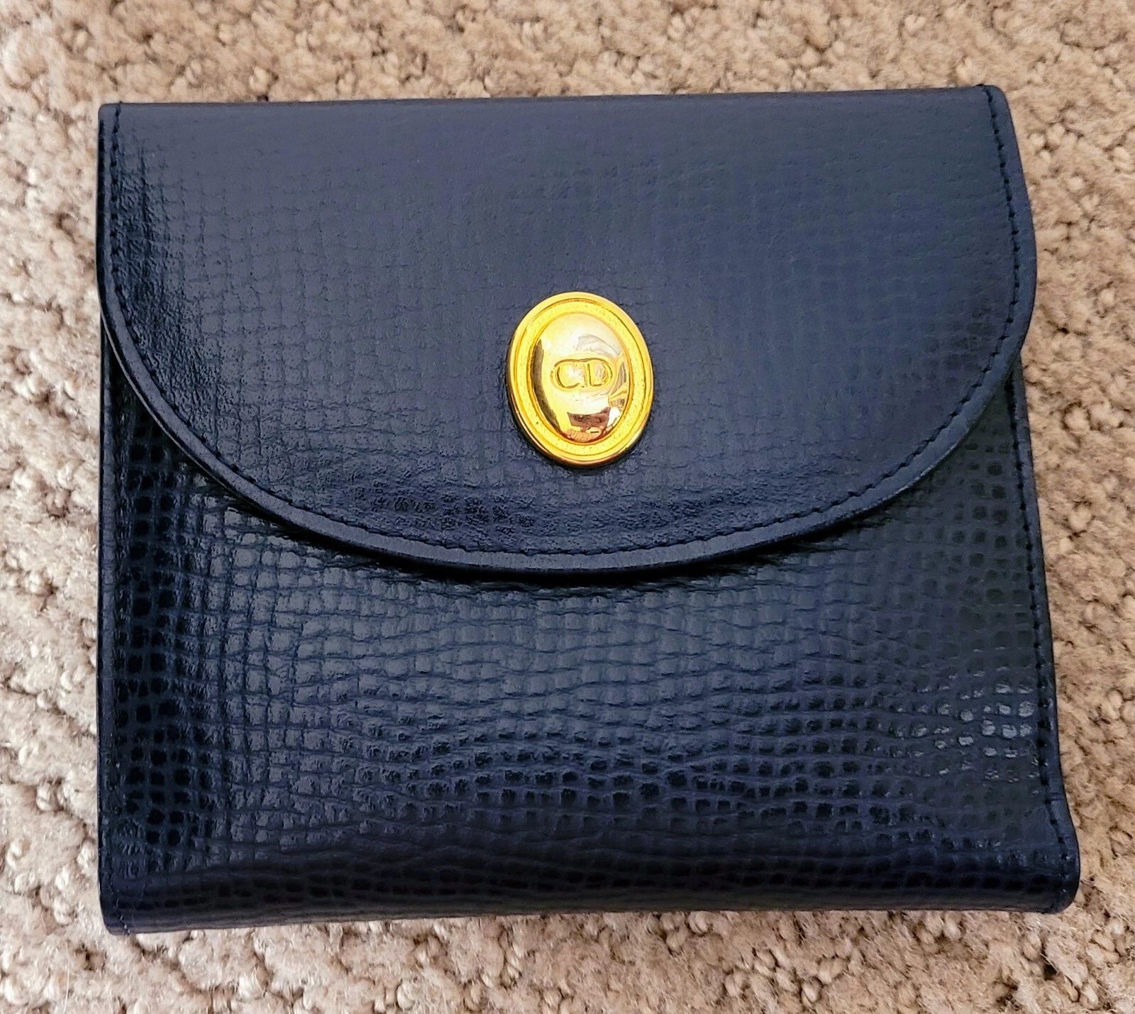 PORTEFEUILLE COMPACT CUIR VINTAGE AUTHENTIQUE CHRISTIAN DIOR BLEU MARINE