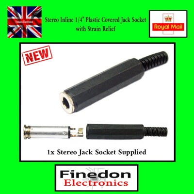 Klinke Inline Buchse Stereo 1/4'' 6,35mm schwarz Kunststoffabdeckung mit Zugentlastung
