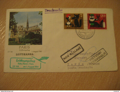 Paris Cologne Bonn 1961 Lufthansa Airline First Flight Cancel Cover France Germa