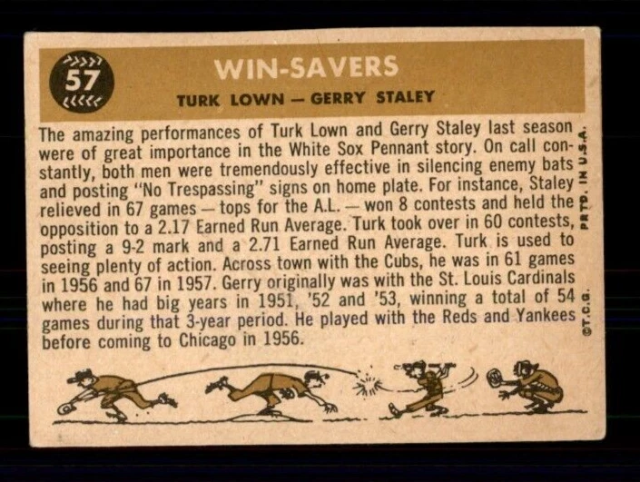 1960 Topps #57 Win Savers/Turk Lown/Gerry Staley VG - Image 2 of 2